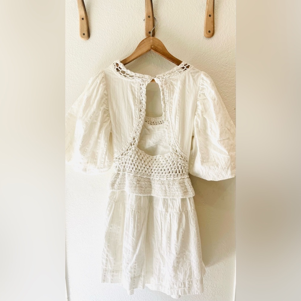 NWT A Loves Puff Sleeve Crochet Mixed Media Baby Doll Dress in Ivory Size XS - Picture 3 of 4